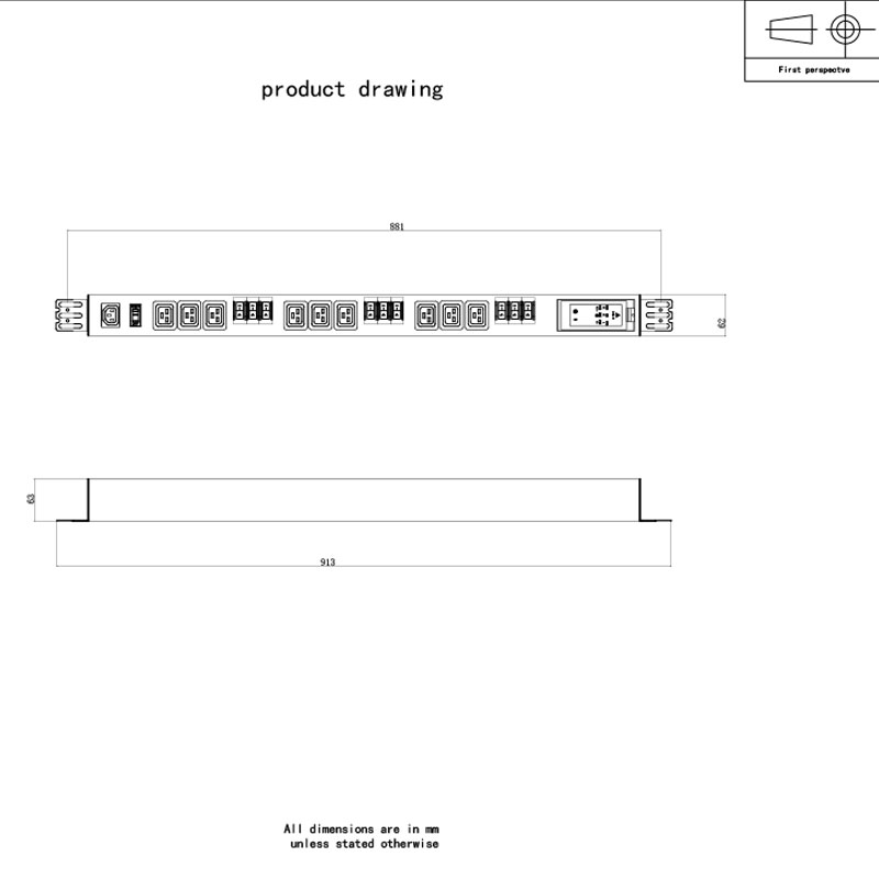 PDU per rack commutato con protezione da sovraccarico con interruttore verticale trifase e 10 prese C13 C19